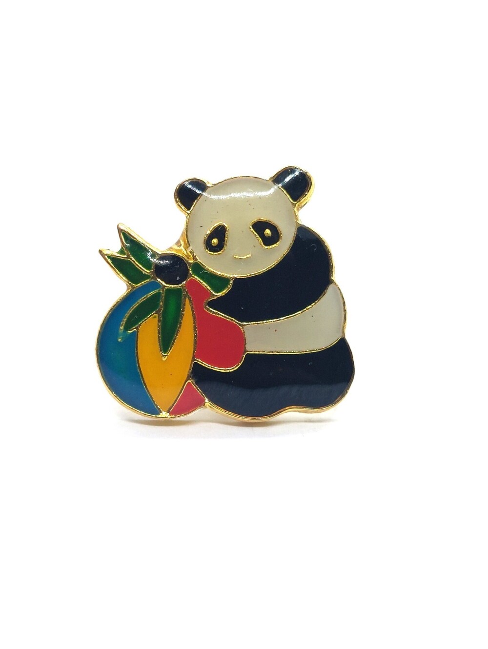 Adorable Panda Pin Holding Colorful Fruit Vintage Enamel Brooch